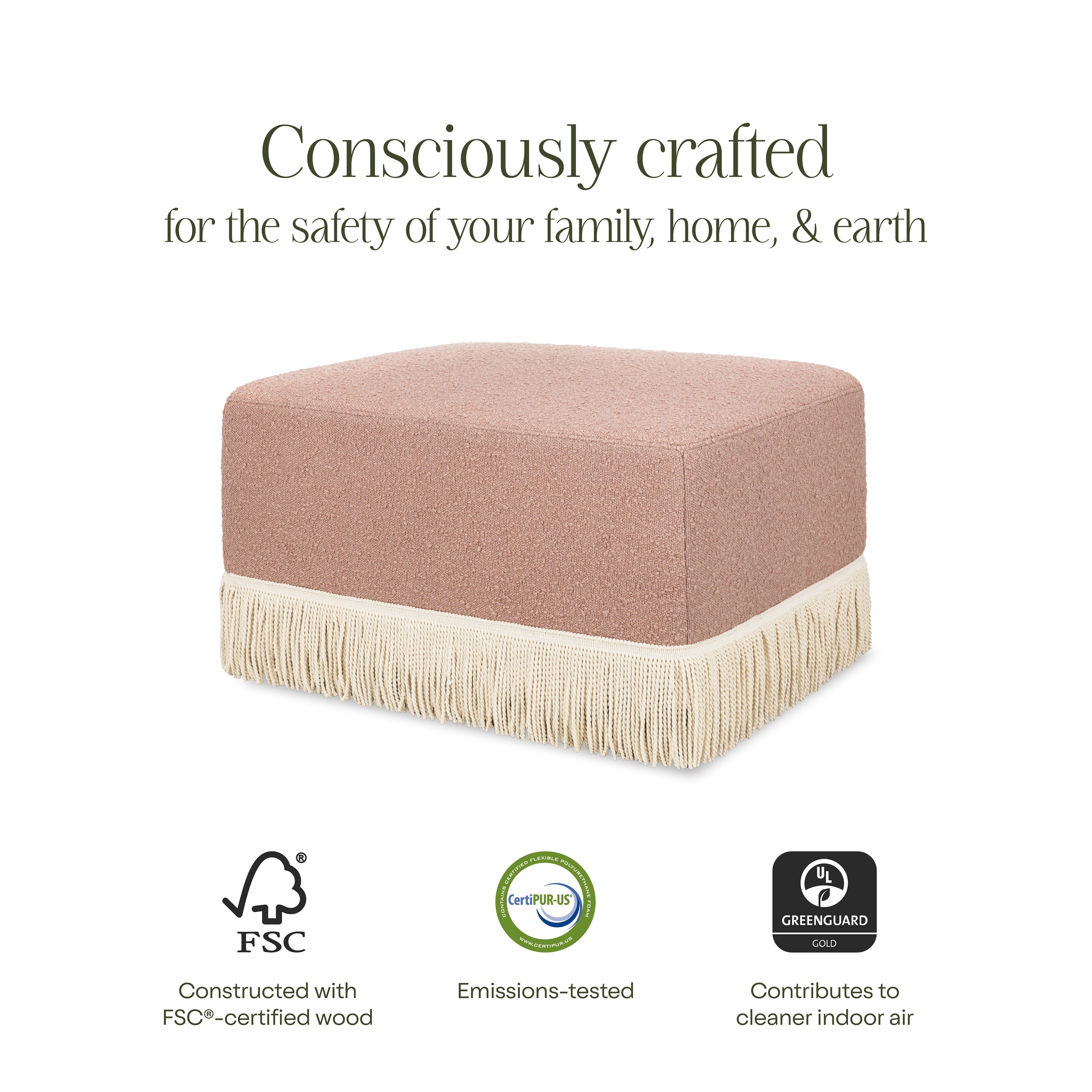 Namesake Crawford Gliding Ottoman | Boucle with Tassel Fringe