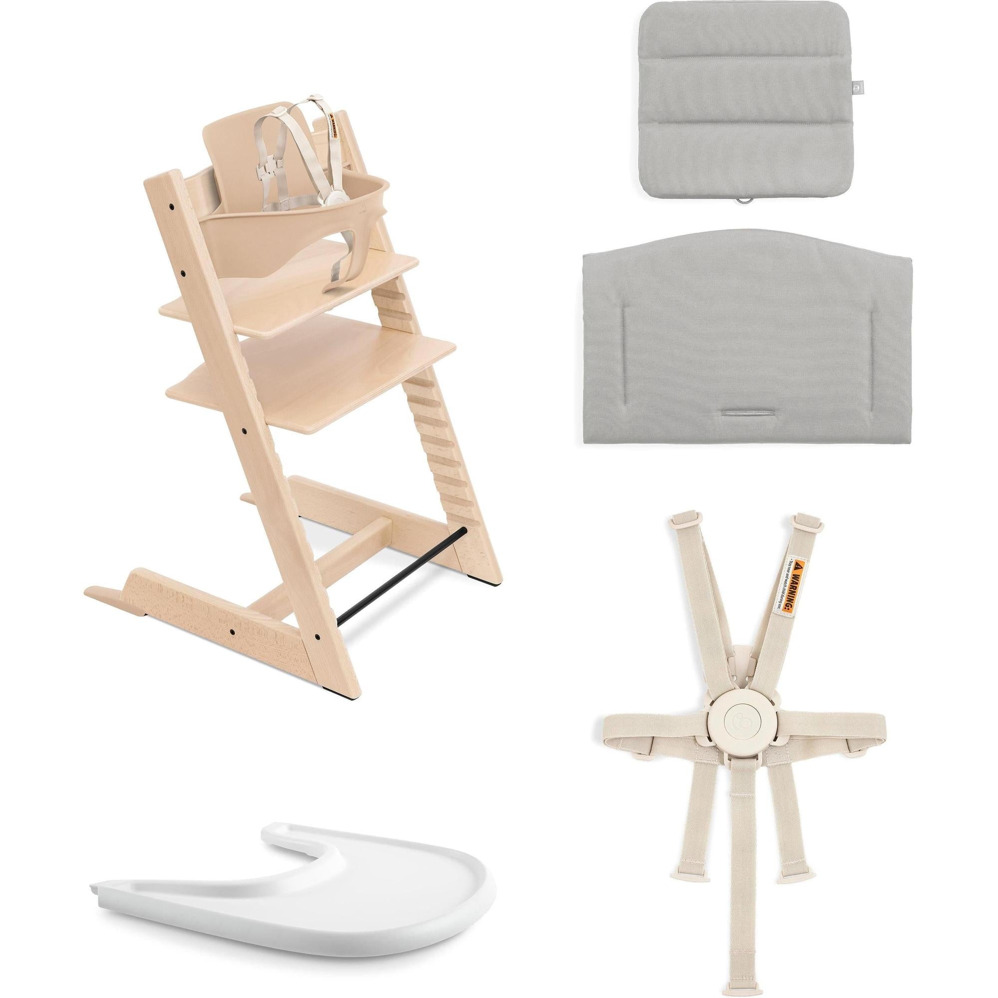 Stokke Tripp Trapp High Chair² with Cushion + Tray, Cashmere Grey + Beige Cushion, White Tray